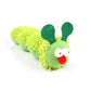 Green caterpillar plush toy with a red nose on a white background