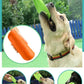Dog playing with a green and orange toy outdoors