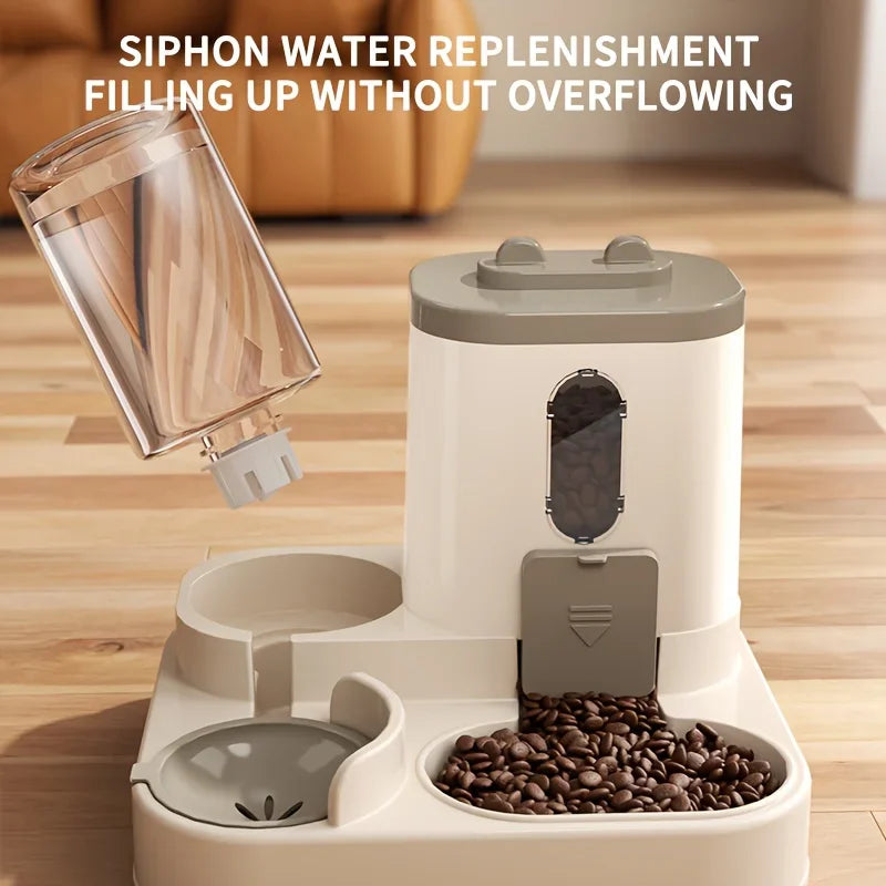 Pet feeder with siphon water replenishment system on a wooden floor.