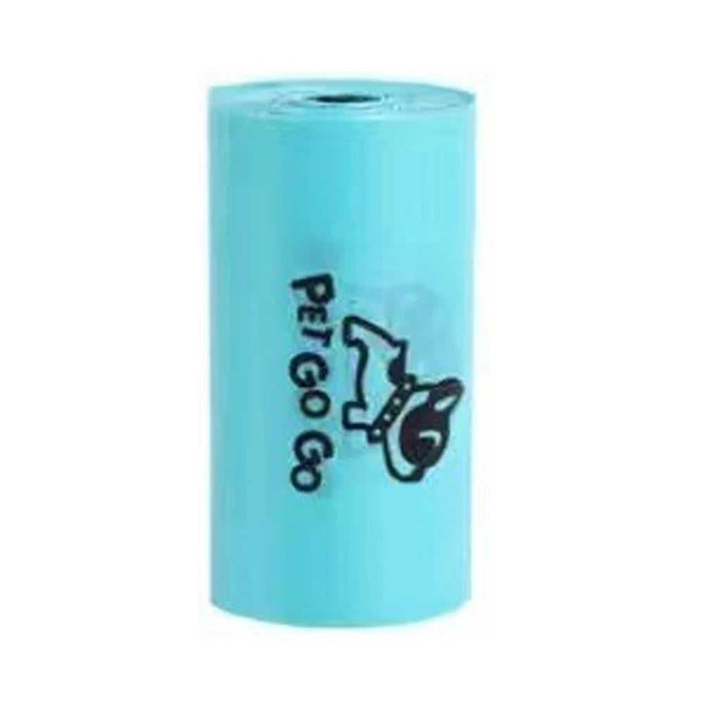 Roll of blue pet waste bags with 'Pet Go Go' branding on a white background
