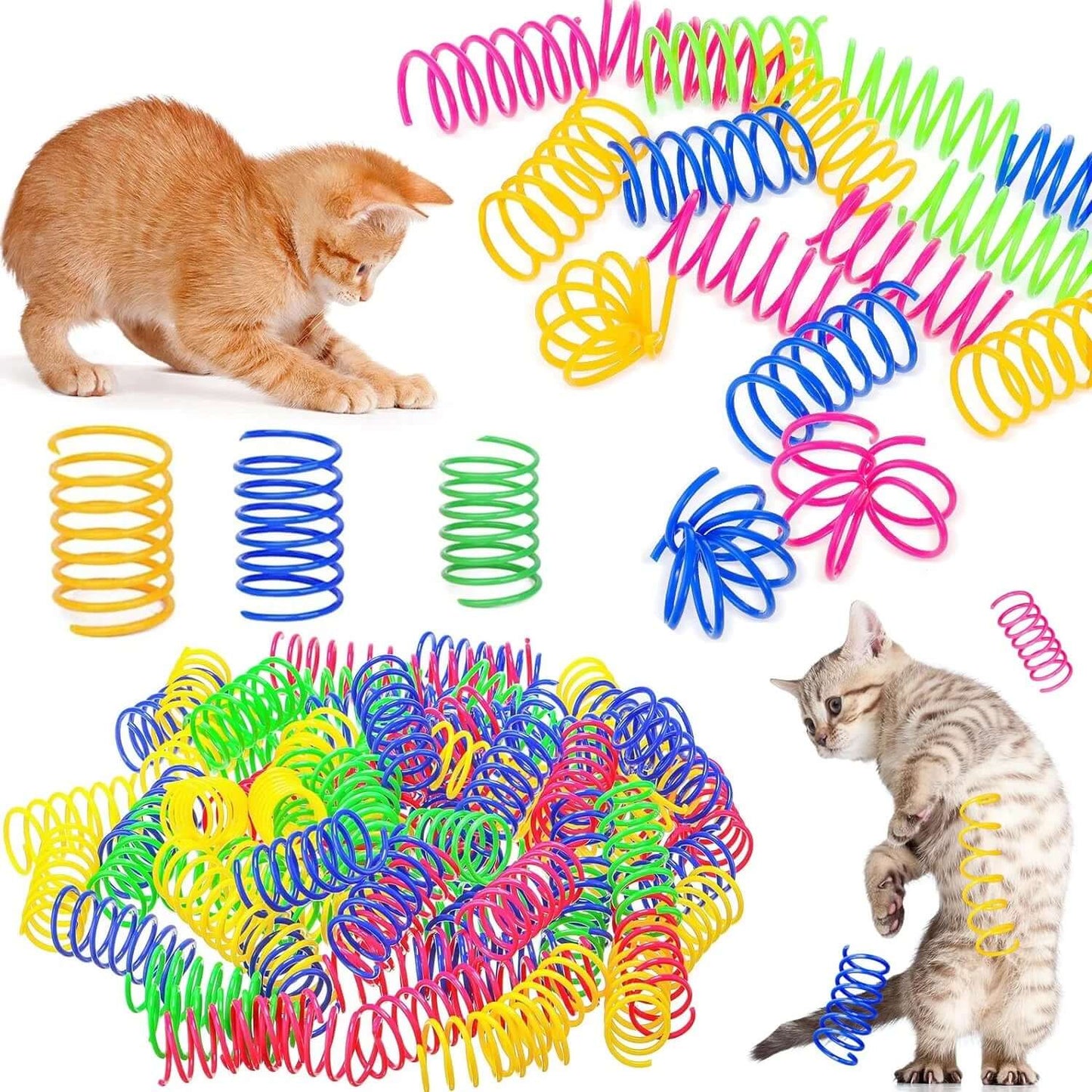 Colorful spring toys for cats with a cat interacting with them on a white background
