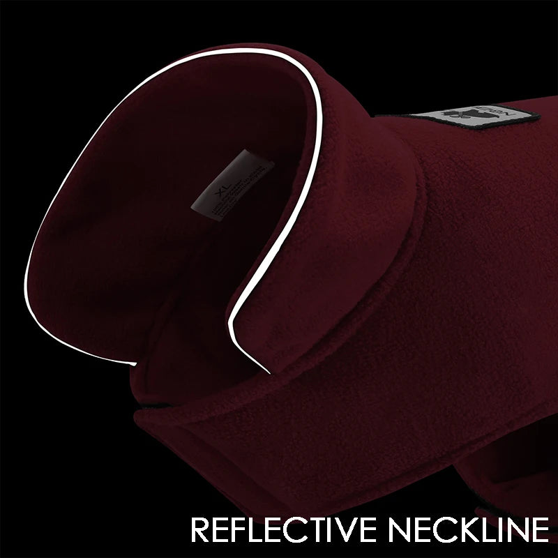 Maroon dog coat with reflective neckline on a black background
