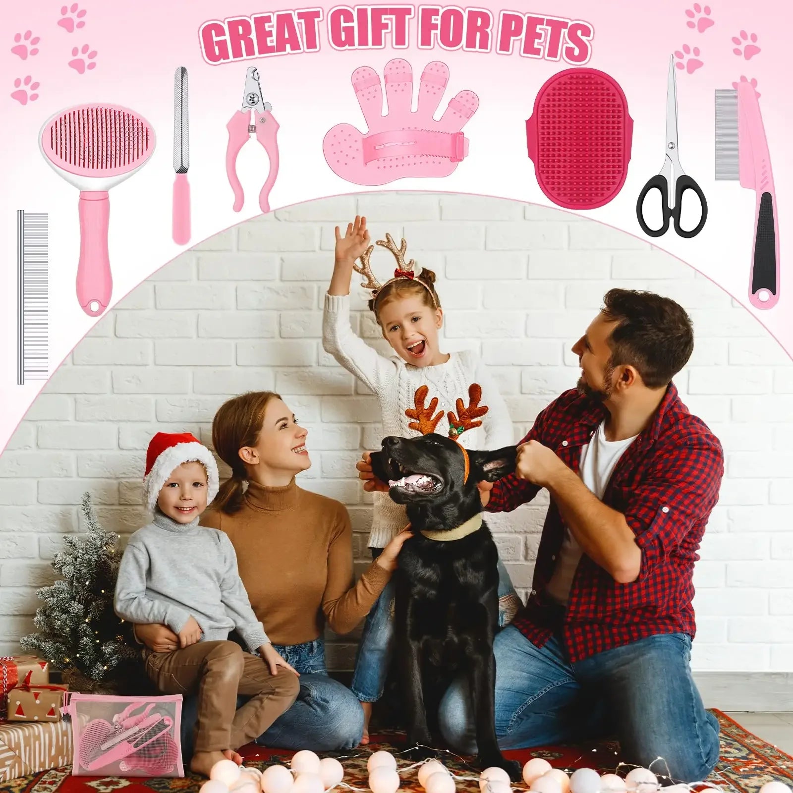 Family with a dog in a festive setting with grooming tools and text 'Great Gift for Pets'.