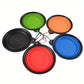 Set of five colorful collapsible dog bowls with black bases on a white background