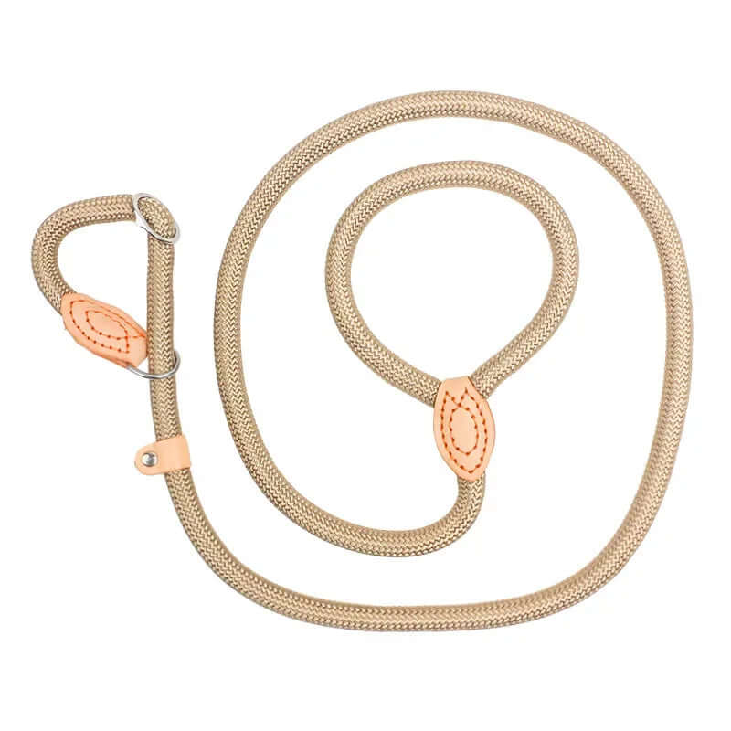 Beige dog leash with rose gold hardware on a white background
