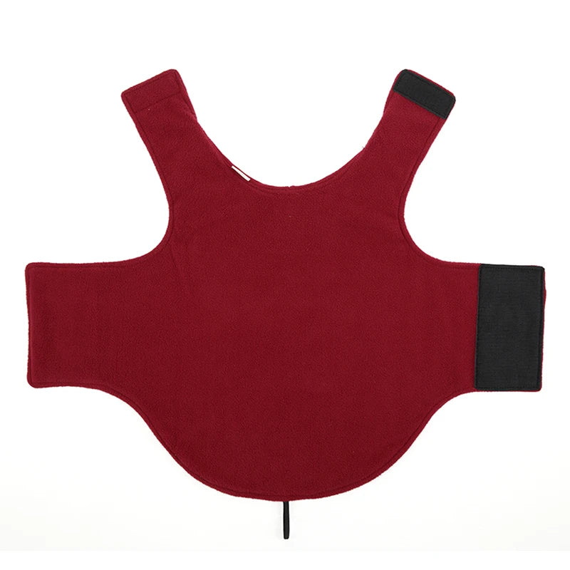 Red dog coat with black trim on a white background