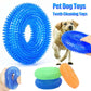 Blue teeth cleaning toy for pets with a dog and a hand holding the toy.