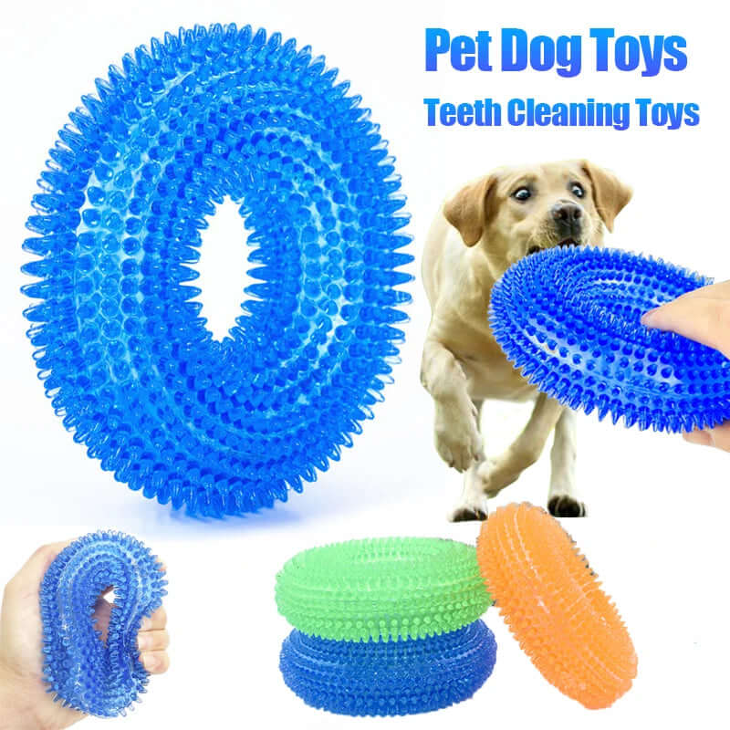 Blue teeth cleaning toy for pets with a dog and a hand holding the toy.
