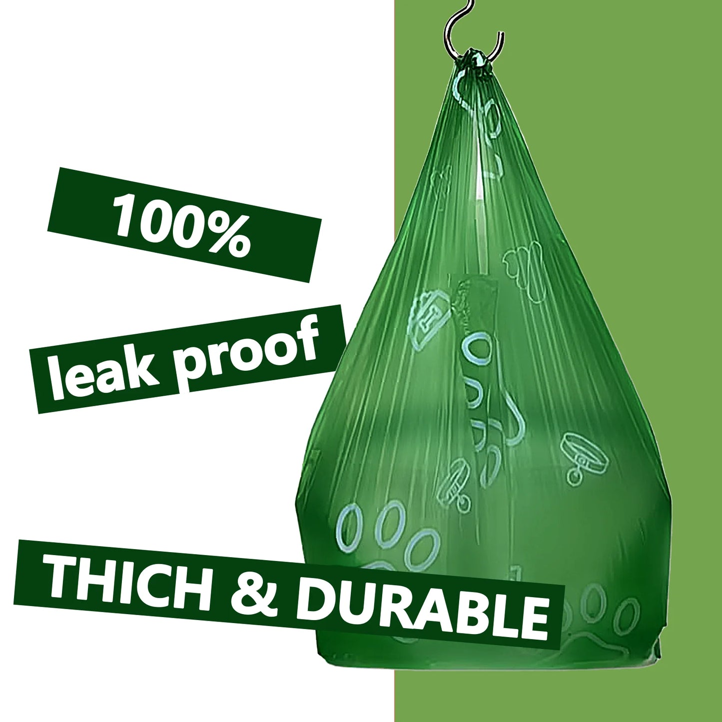 Green trash bag with text highlighting its features on a green background