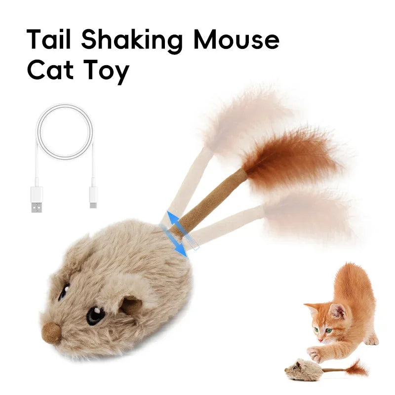 Tail Shaking Mouse Cat Toy with USB cable on a white background