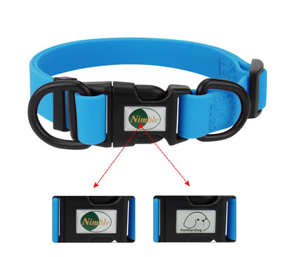 Blue dog collar with black buckle and Nimble logo on a white background