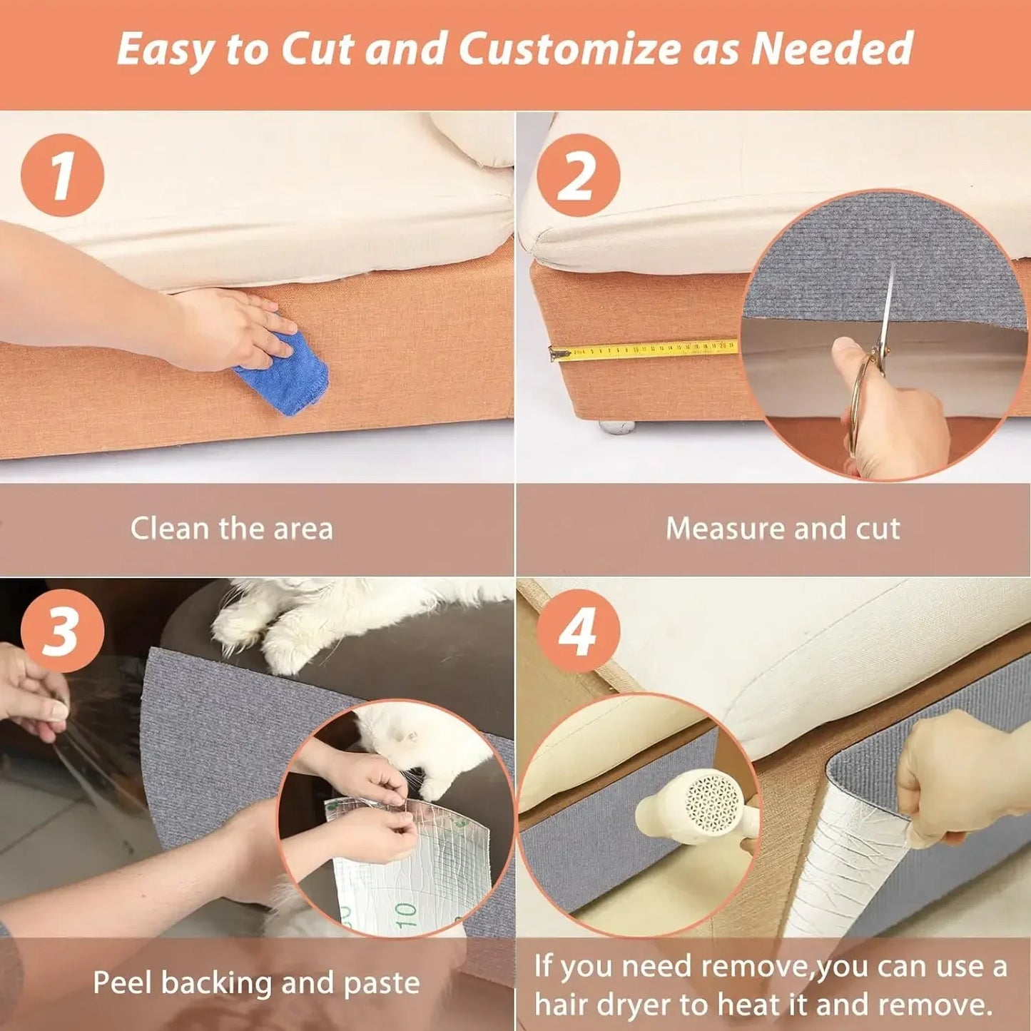 Step-by-step guide on how to clean, measure, cut, peel, and paste a product.