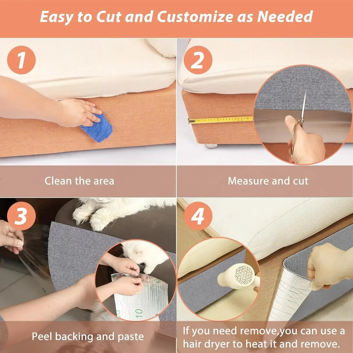 Step-by-step guide on how to clean, measure, cut, peel, and paste a product.