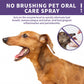 Dog with open mouth, showing teeth, and a product description for pet oral care spray on a white background.