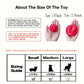 Red dog toy with size comparison to human hands and a sizing guide for dogs.