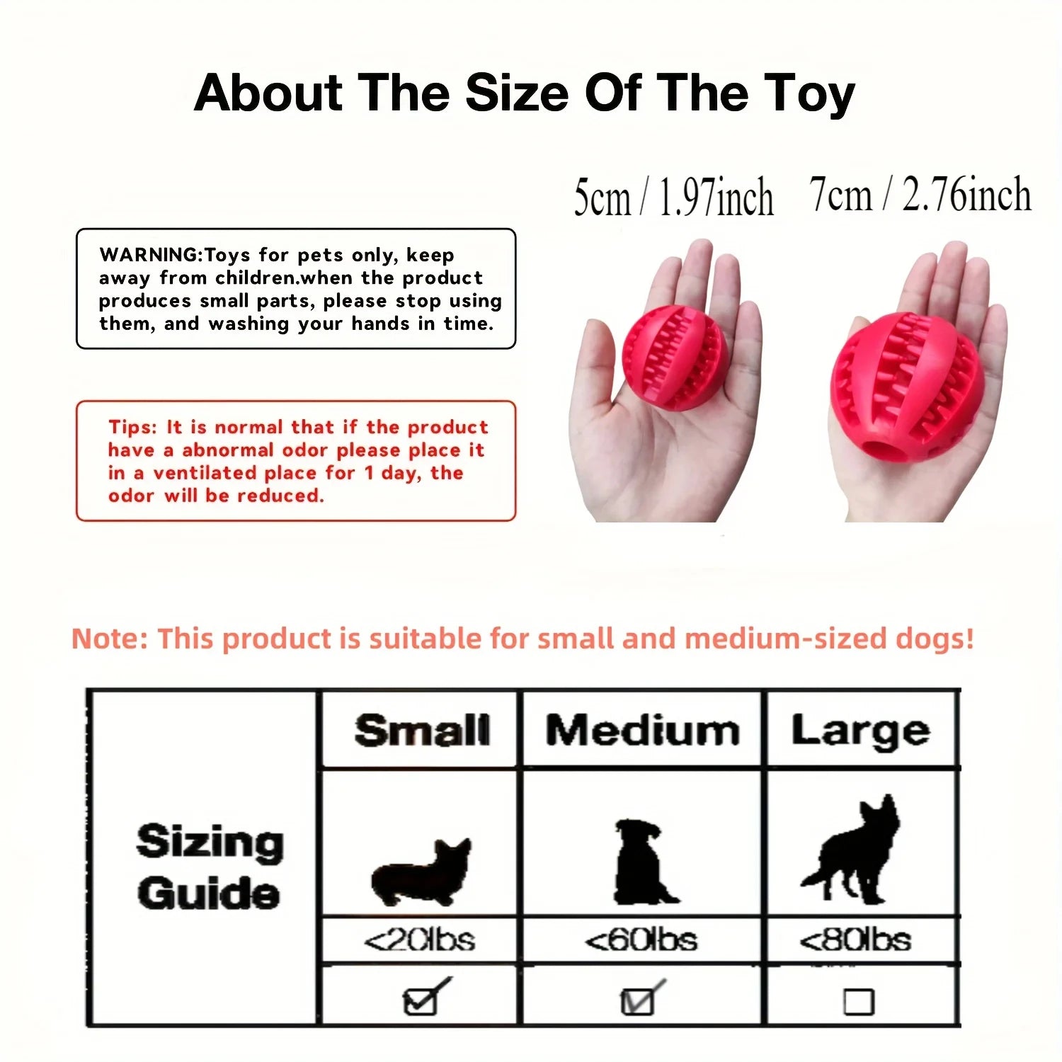 Red dog toy with size comparison to human hands and a sizing guide for dogs.