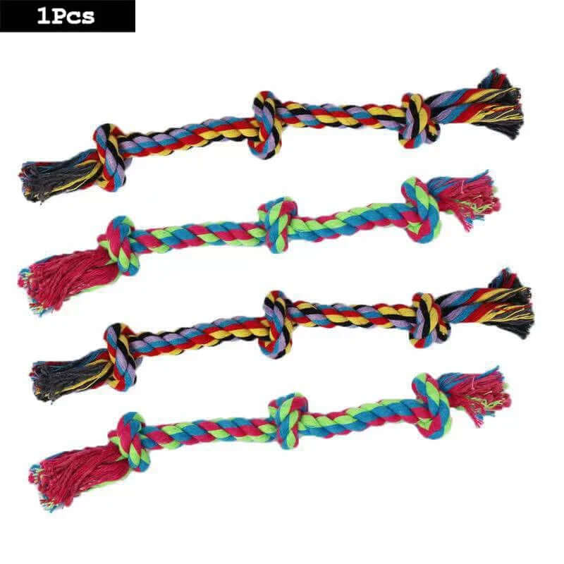 Set of colorful braided dog toys on a white background