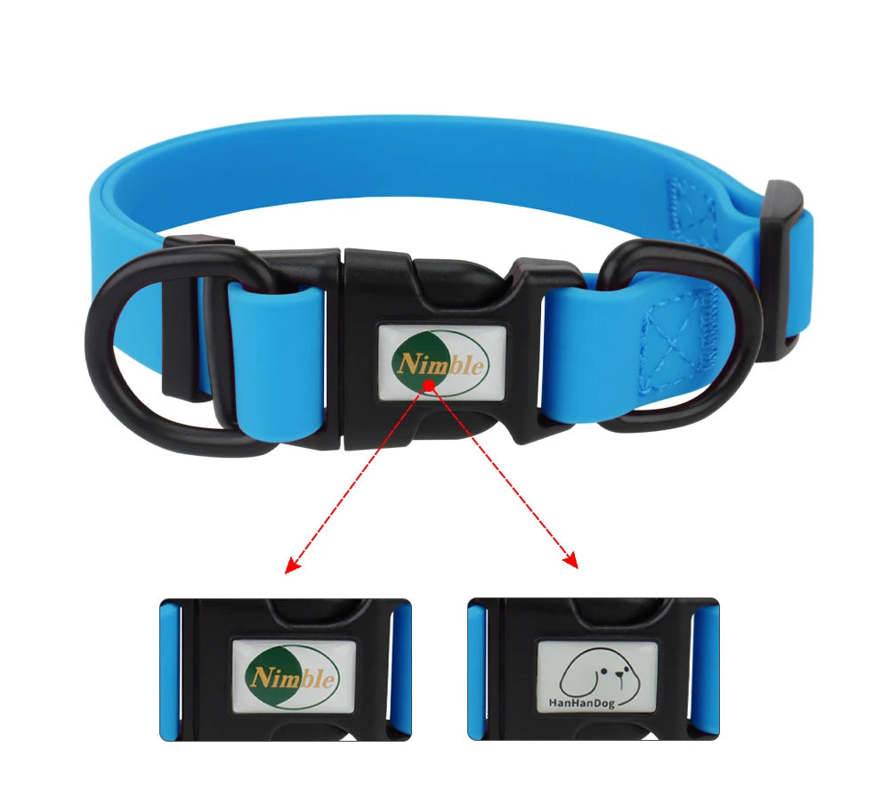 Blue dog collar with black buckle and Nimble logo on a white background