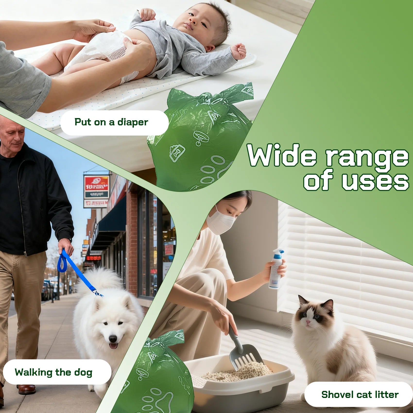 Collage of a baby, a man with a dog, a woman with a face mask, and a cat with text about diaper use, walking a dog, and shoveling cat litter.