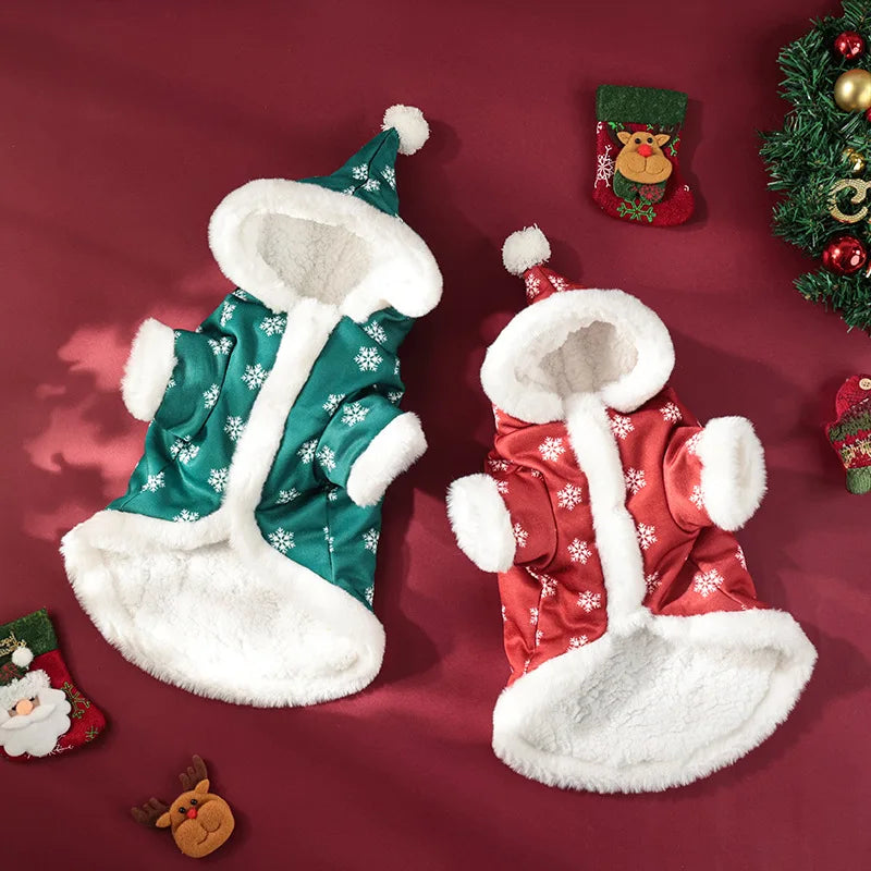 Two Christmas-themed dog outfits on a red background with decorative elements.