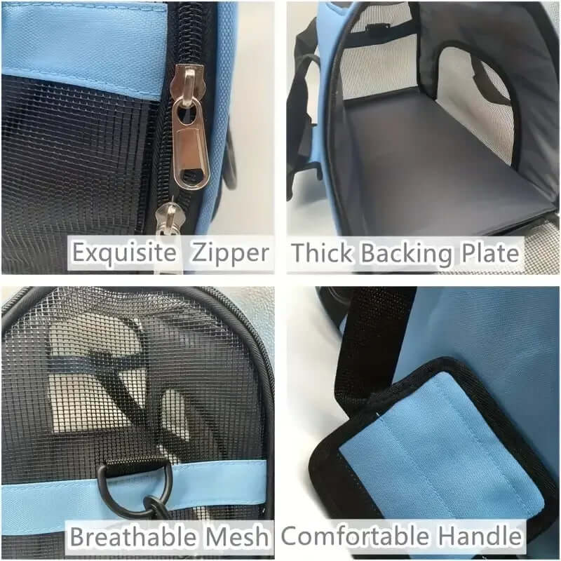 Collage of a pet carrier with features labeled: Exquisite zipper, Thick Backing Plate, Breathable Mesh, and Comfortable Handle.