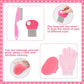 Set of pink pet grooming tools with text on a pink border with paw prints.