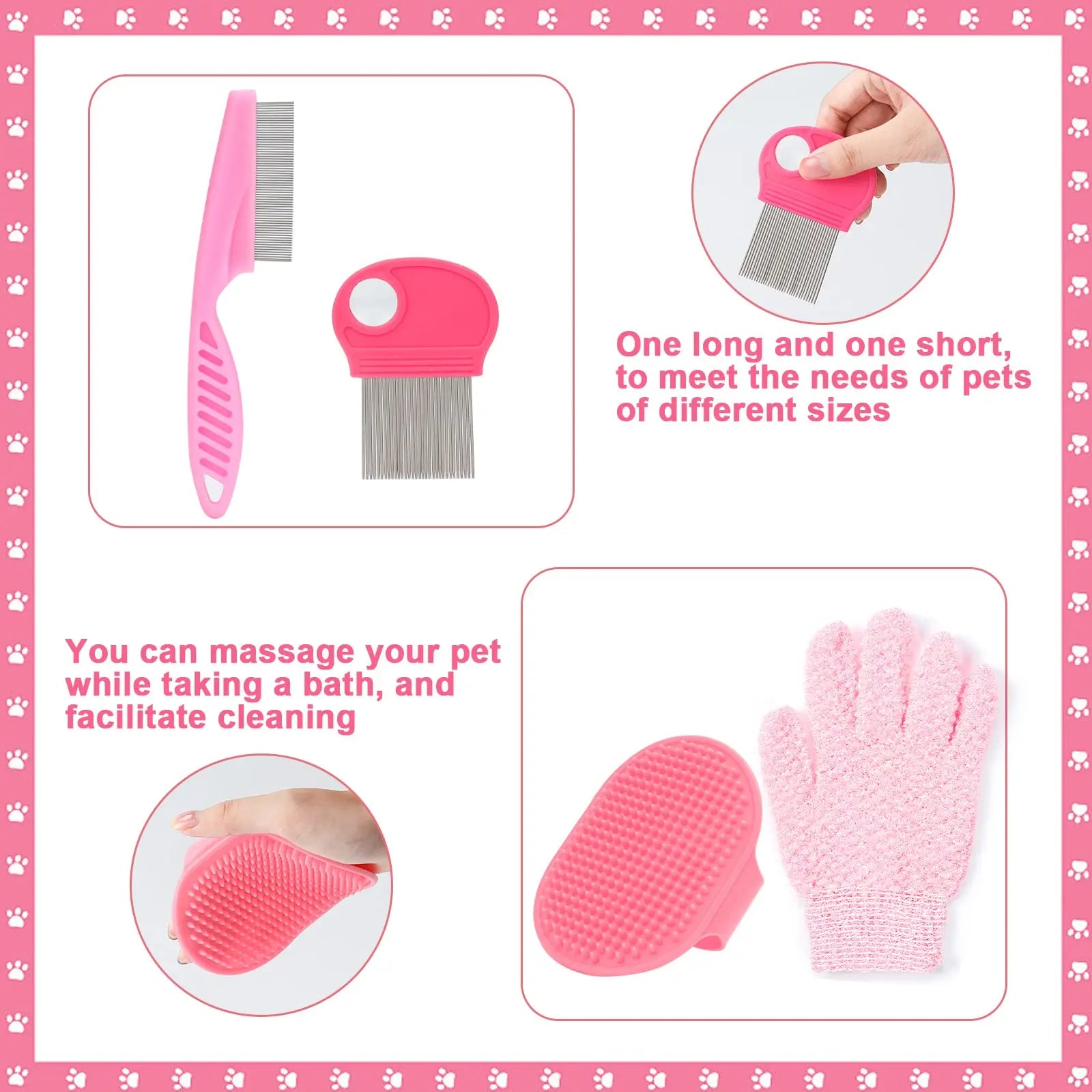 Set of pink pet grooming tools with text on a pink border with paw prints.