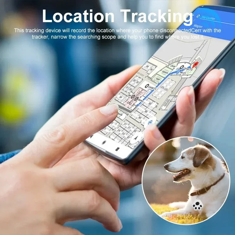 Hand holding a smartphone with location tracking app open, showing a dog on a collar.