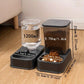 Pet feeding and water bowl system with measurements on a wooden floor.