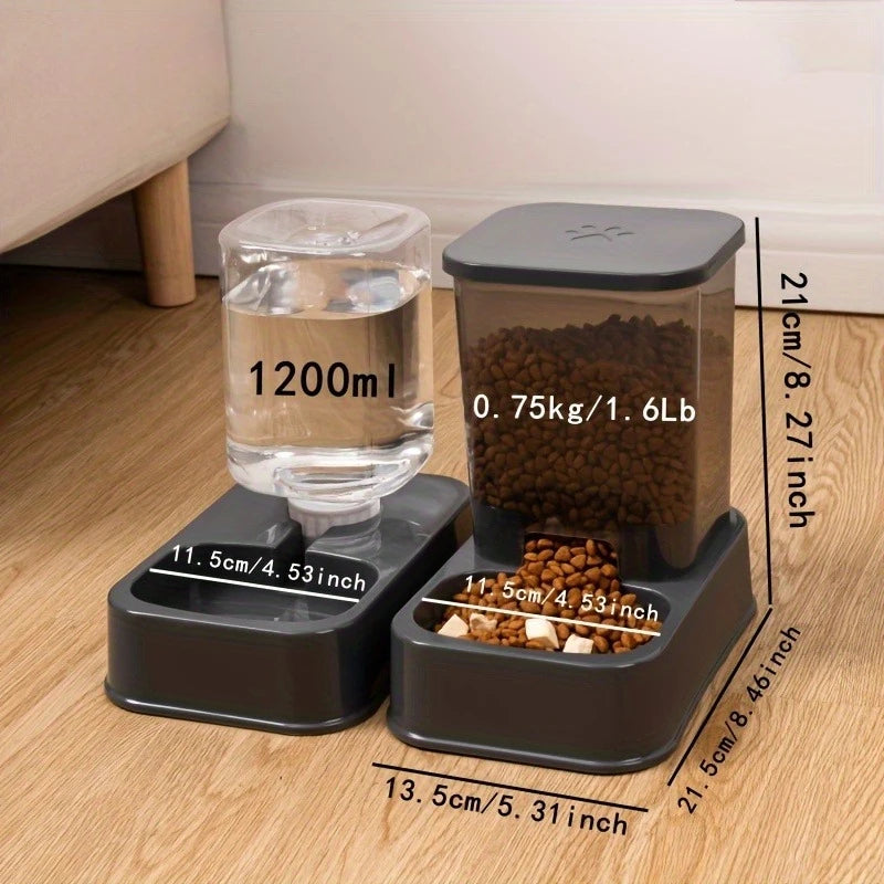 Pet feeding and water bowl system with measurements on a wooden floor.
