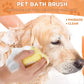 Pet bath brush being used on a dog with text indicating massage and clean functions.