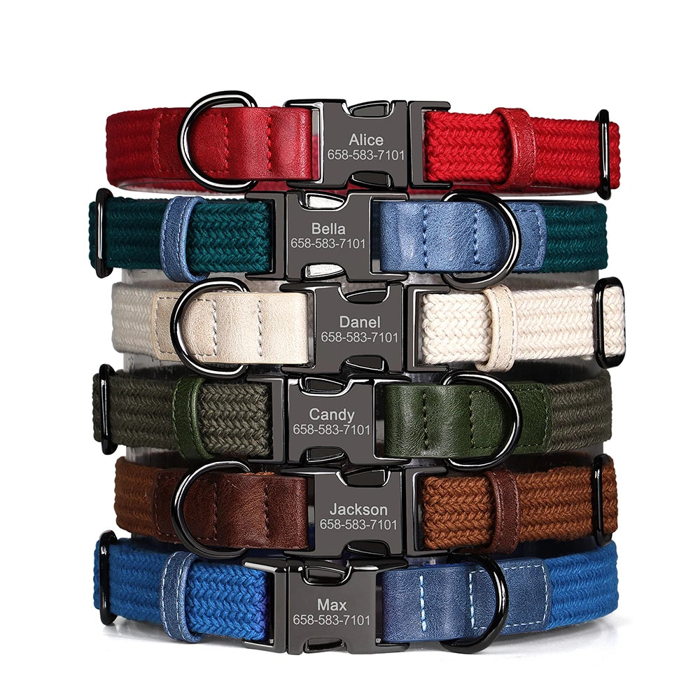Stack of colorful dog collars with engraved metal buckles on a white background