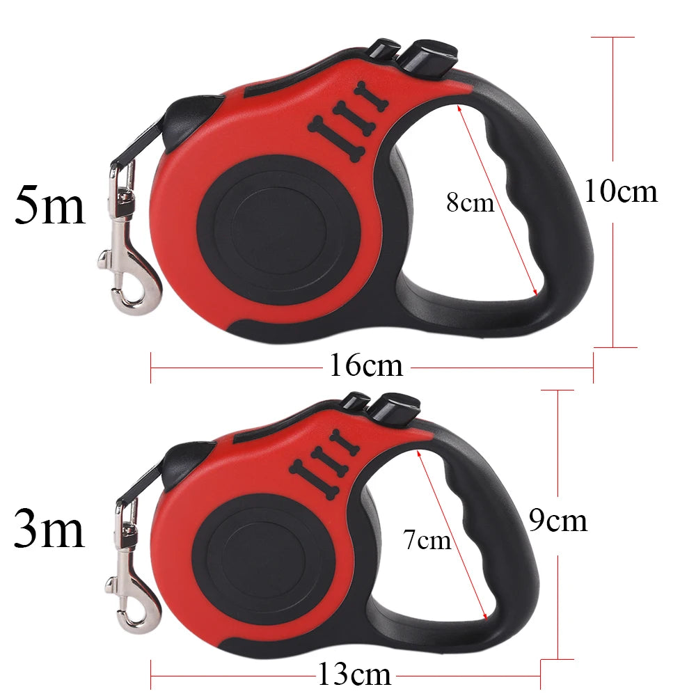 Red and black retractable dog leash with measurements on a white background
