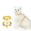 White cat wearing a yellow harness and collar with floral design on a white background