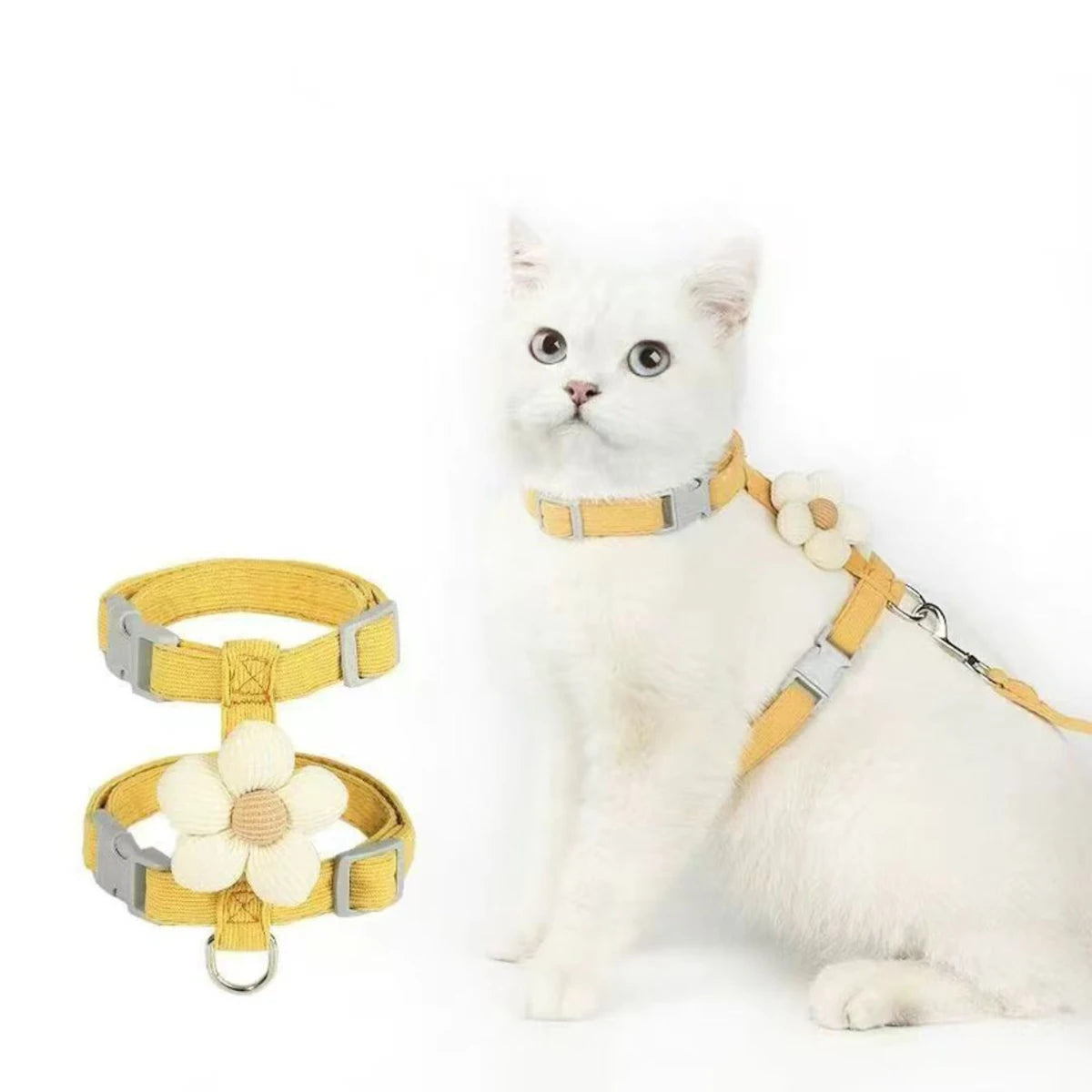 White cat wearing a yellow harness and collar with floral design on a white background