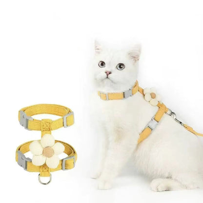 White cat wearing a yellow harness and collar with floral design on a white background