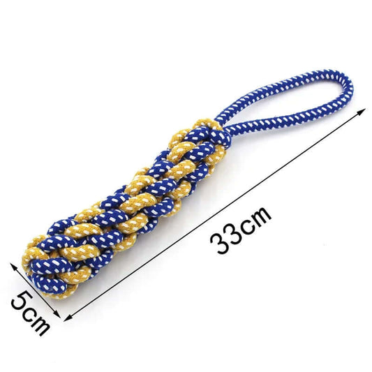 Blue and yellow rope with measurements on a white background