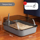 Cat litter box with scoop on a wooden floor, dimensions indicated, and 'Tianyun Grey' label.
