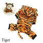 Tiger-themed pet onesie with a small inset photo of a dog wearing it.
