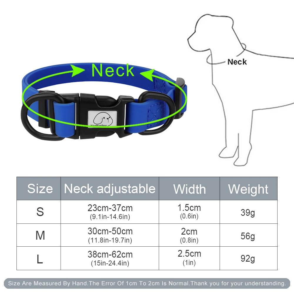 Blue dog collar with size chart and diagram of a dog wearing the collar.