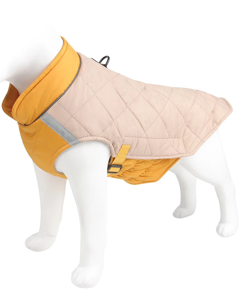 Dog wearing a yellow and beige quilted jacket on a mannequin against a white background