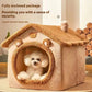 Dog house with a white dog inside, surrounded by wood logs.
