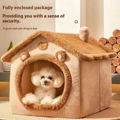 Dog house with a white dog inside, surrounded by wood logs.