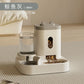 Pet feeding and water station with gray top and beige base on a neutral background