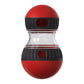 Red and black spherical object with a clear center on a white background