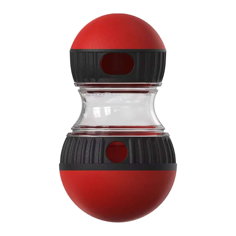 Red and black spherical object with a clear center on a white background