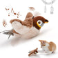 Plush bird toy with USB cable and a cat playing with it on a white background