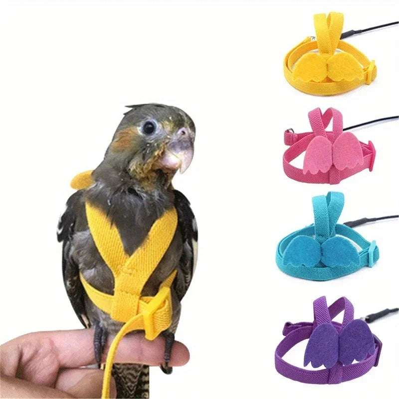 Bird wearing a yellow bird harness with colorful options displayed above on a white background