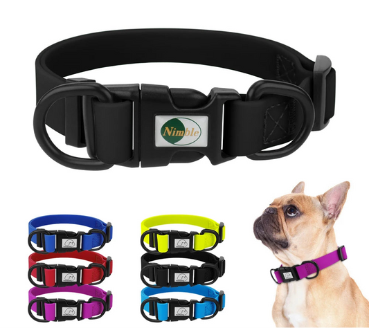 Black dog collar with a Nimble logo, shown on a white background with additional collars in various colors.