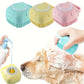 Three colorful pet grooming brushes with a dog being groomed and a spray bottle.